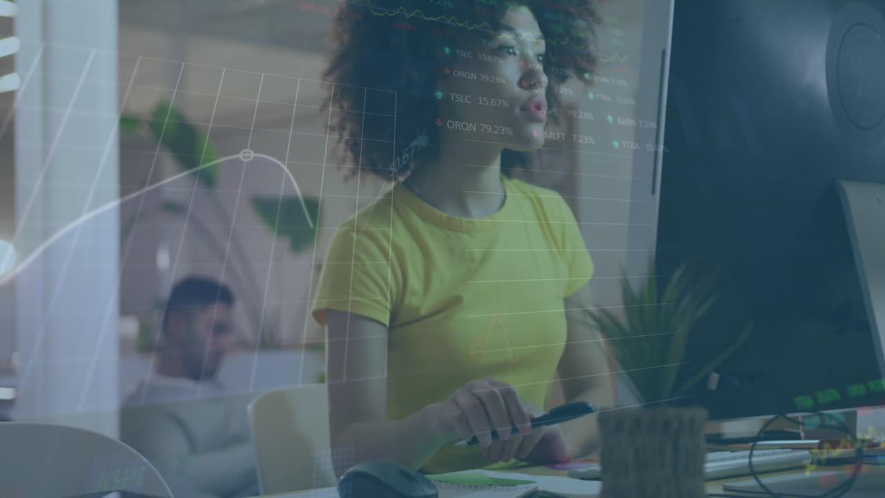 Animation of stock market data processing over african american woman working from home