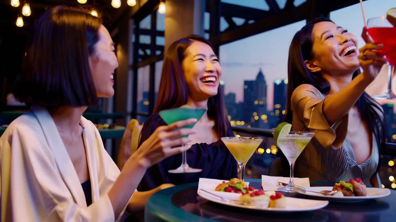 Friends enjoying cocktails at a rooftop bar with a city view