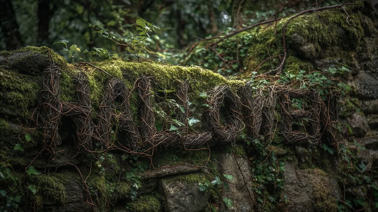 Spooky Halloween word made of woven twigs and branches resting on an ancient, moss covered stone wall in a dark, atmospheric forest, evoking a sense of mystery and eerie celebration