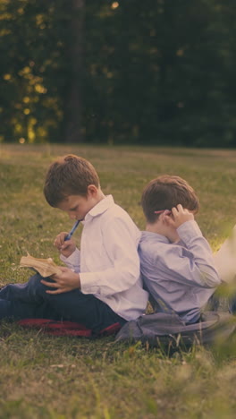 neat schoolboys classmates in shirts do home task sitting back to back on green park lawn in late spring