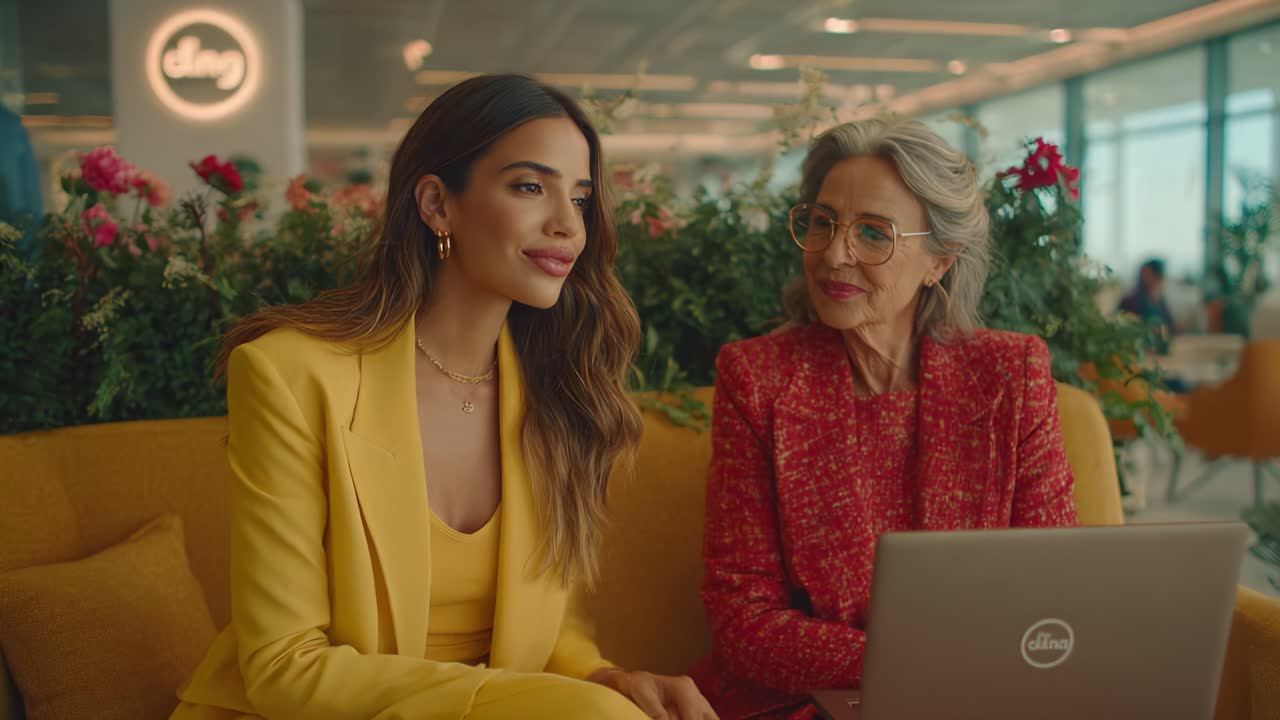 Intercambio generacional: dos mujeres en un entorno colorido conversan de manera significativa mientras exploran ideas con un portátil en un cómodo sofá amarillo