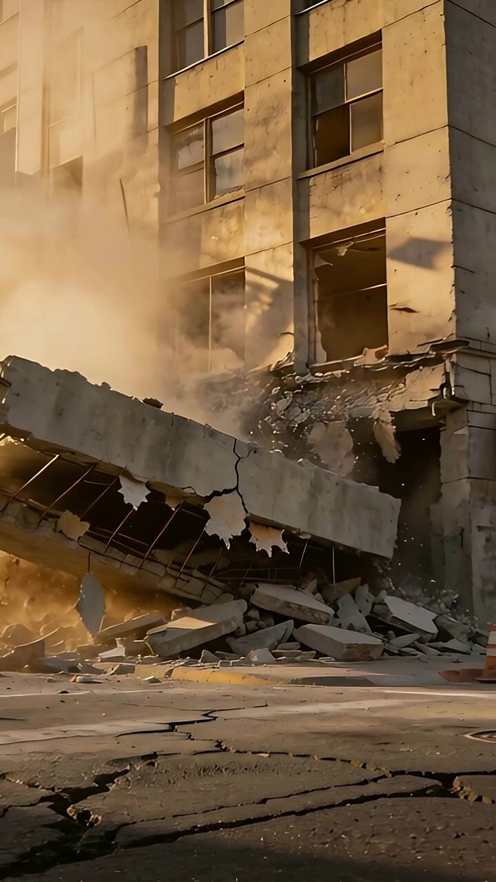 Video verticale: Lastra che si stacca e facciata inferiore danneggiata che cadono a livello della strada, sollevando polvere.