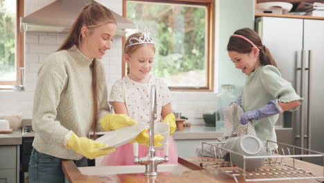 mother, girl kids and cleaning dishes in home