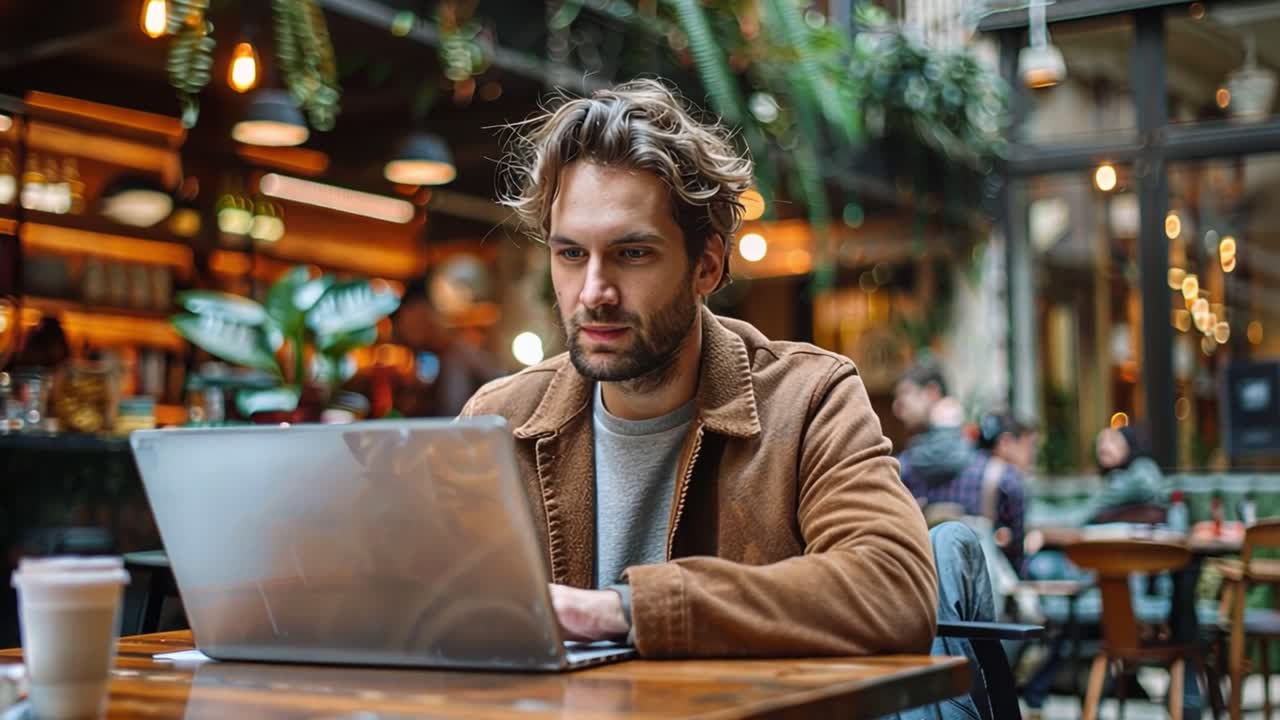 Man working on laptop in a cafe