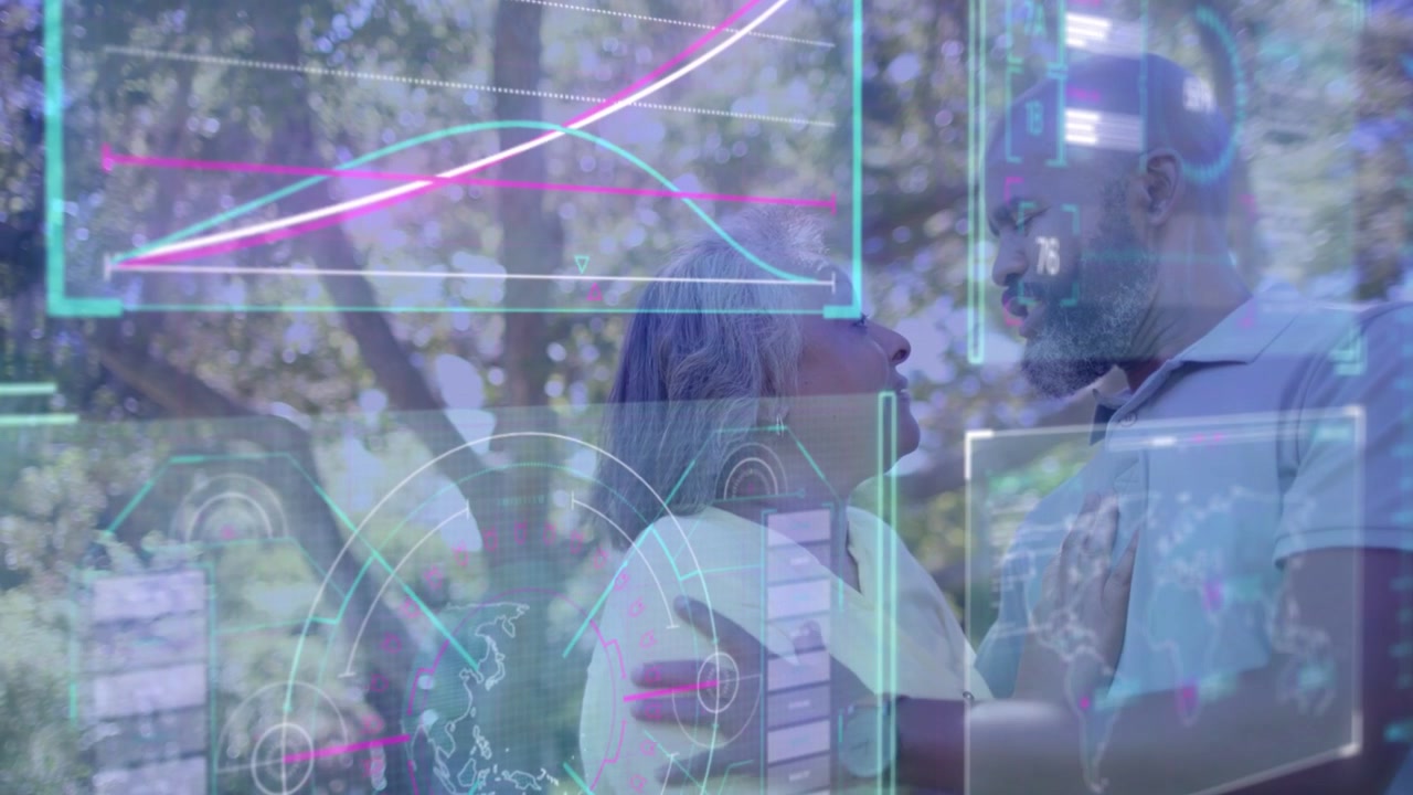 Woman starting gesture, man steady as pair sharing warm touch for bonding, tech HUD graphs tracing