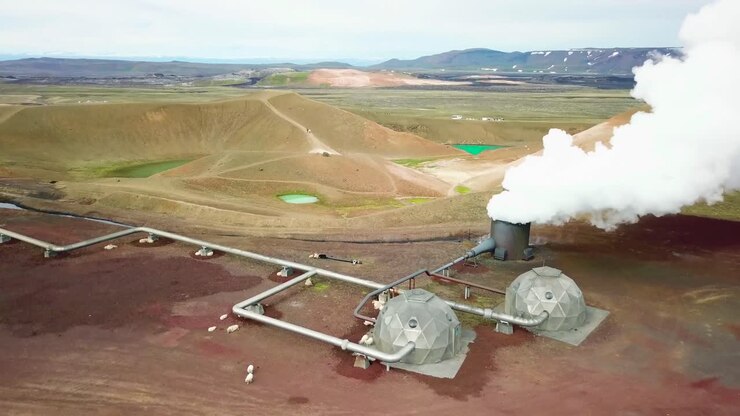 Beautiful drone shot of the Krafla geothermal area in Iceland with pipes steaming vents and sheep warming themselves