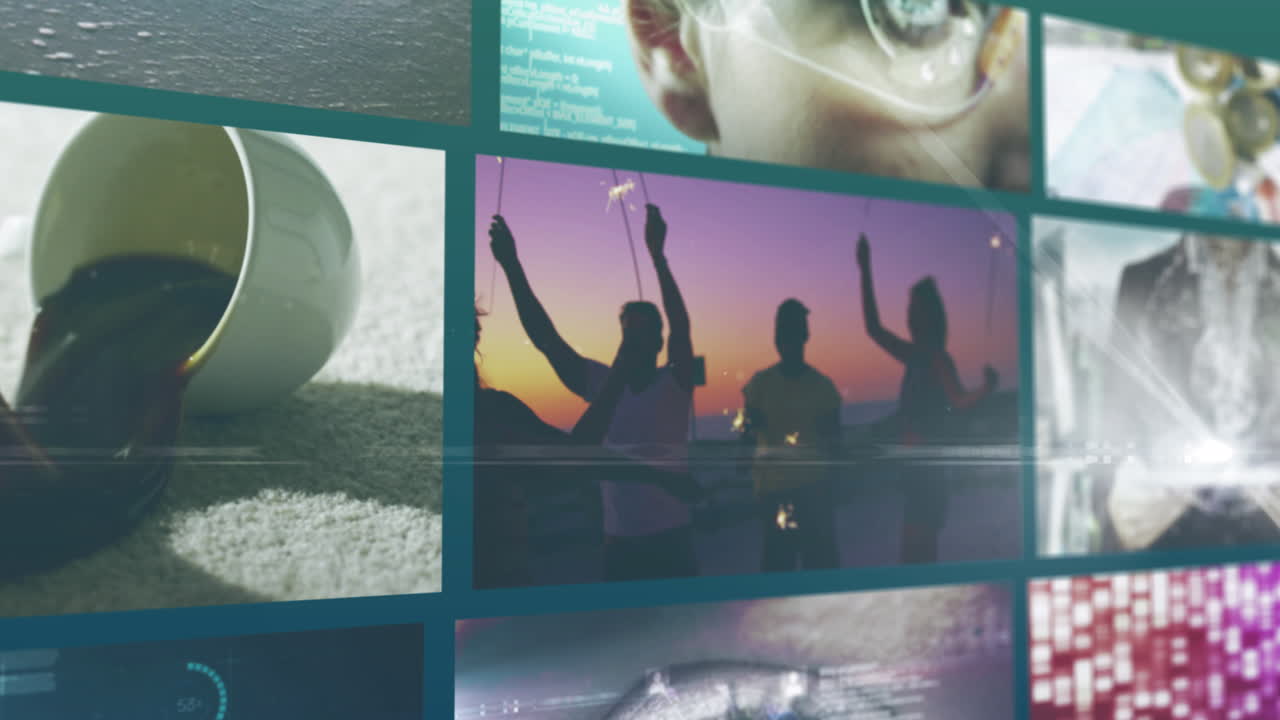 animación compuesta de nueve pantallas de negocios, ocio y tecnología