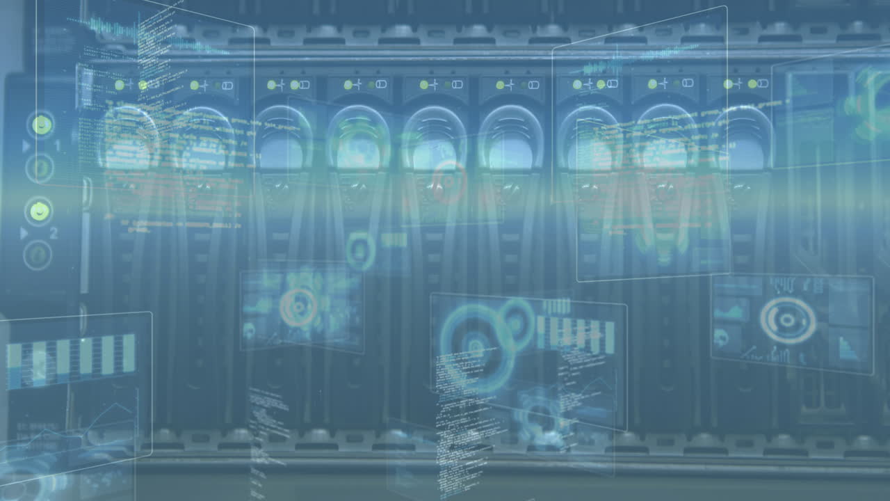 정보가  ⁇ 박이는 컴퓨터 서버를 가로질러 이동하는 인터페이스 화면의 애니메이션