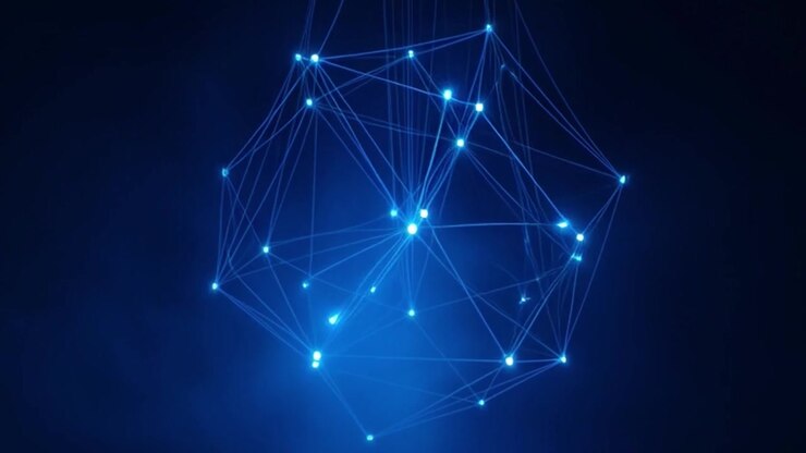 Glowing Blue Geometric Network Structure Rotating in Dark Space