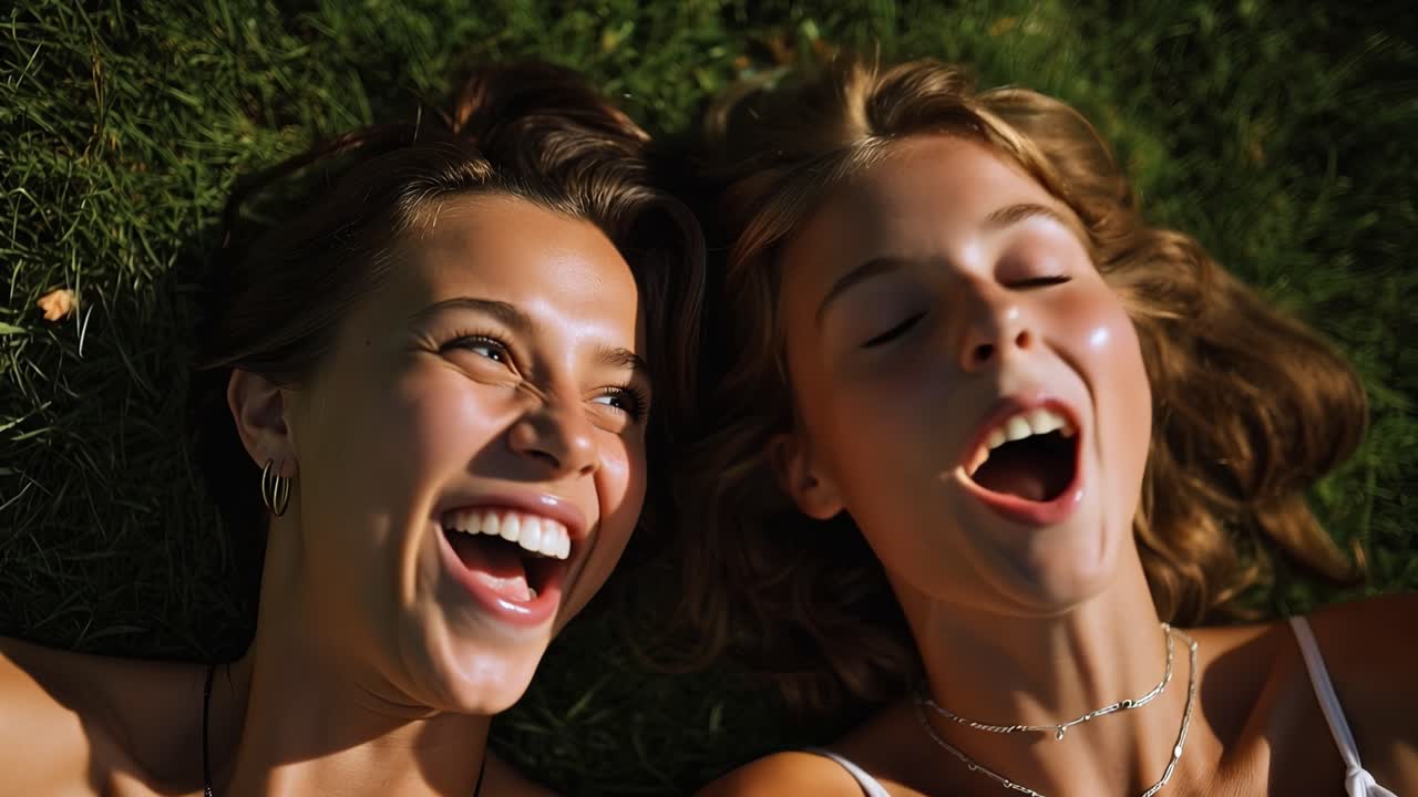 Due amici sdraiati sull'erba, soffiano bolle. La luce solare brillante illumina i loro volti gioiosi. Le risate riempiono l'aria, catturando una gioia spensierata. Ideale per social media o contenuti rivolti ai giovani.