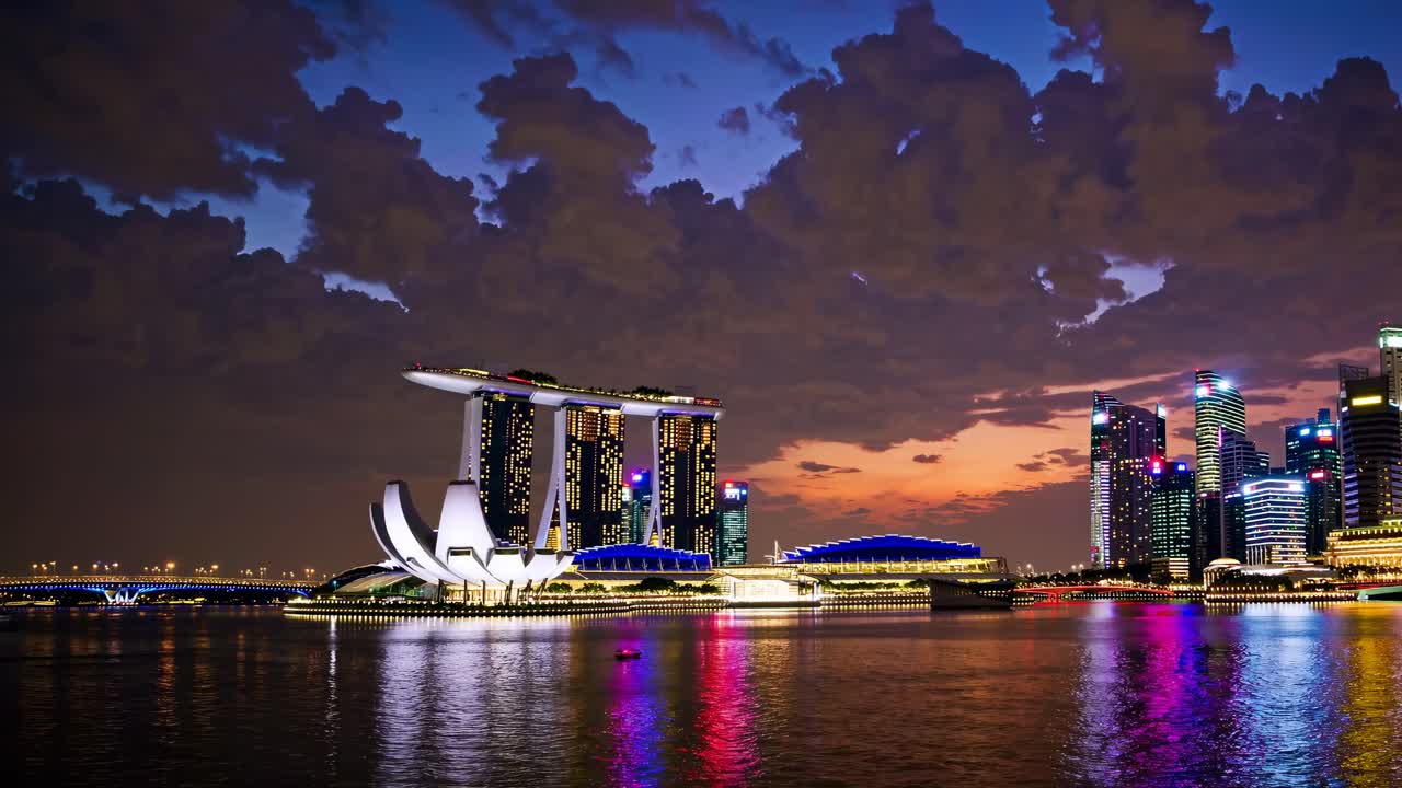 A stunning wide-angle video captures a vibrant cityscape at dusk, showcasing illuminated skyscrapers