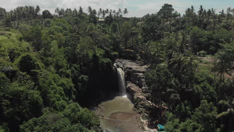 aerial view of powerful waterfall in the island of bali in indonesia surrounded by green vegetation and trees