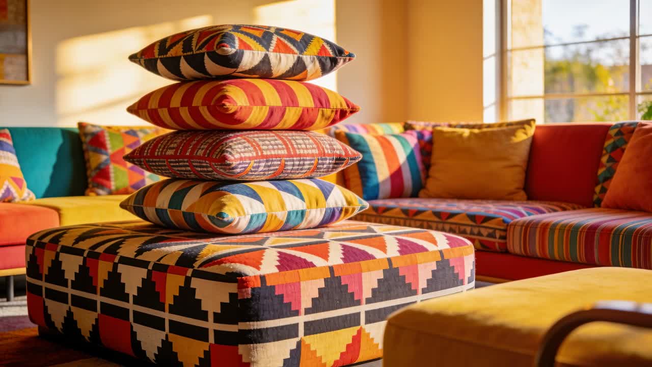 Pushing camera revealing stacked throw cushions on ottoman zooming closer in home, showing detail