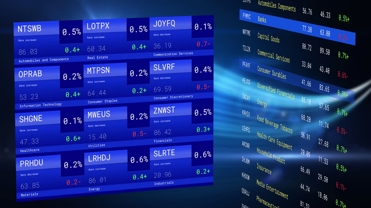 Animation of financial data processing over dark background