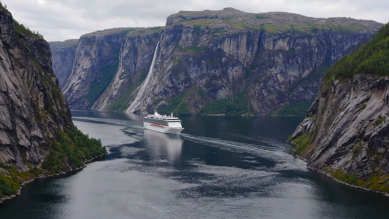 Cruise Ship Navigating a Norwegian Fjord