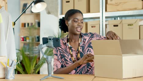 Close-up-view-young-African-American-woman-speaking-on-smartphone-camera-and-recording-video-for-blog-in-own-clothing-shop-warehouse