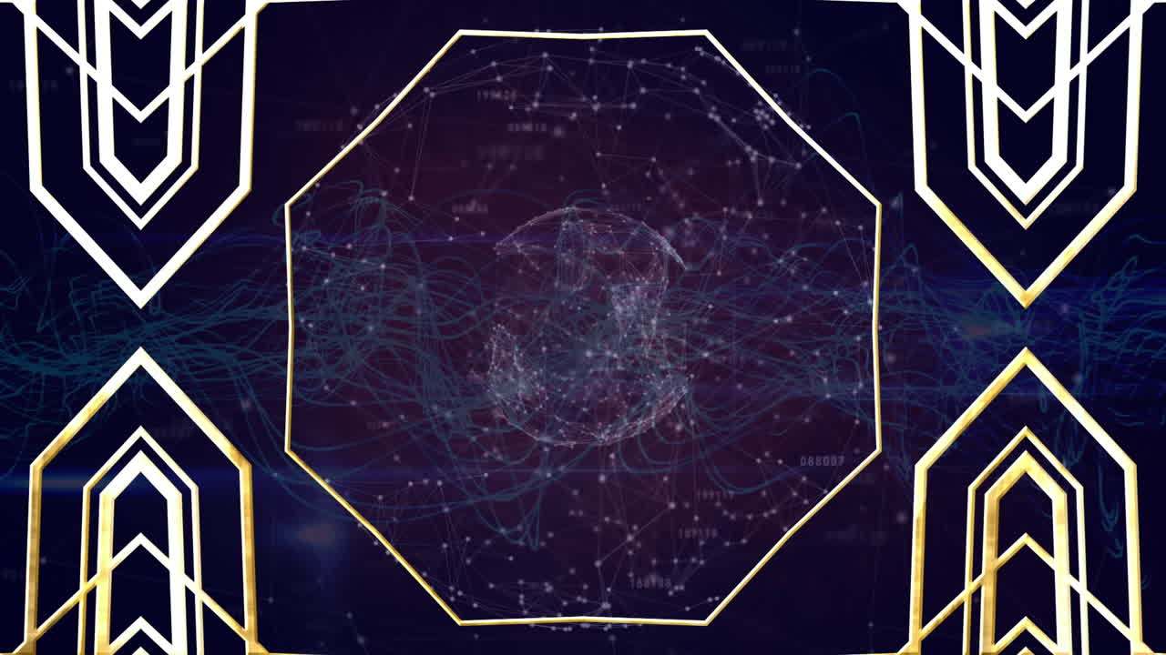 검은색 배경에 연결 네트워크와 함께 전 세계를 이동하는 금색 패턴의 애니메이션