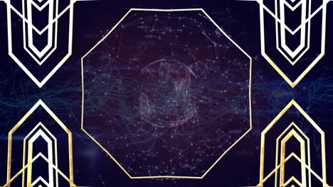 animation of gold pattern moving over globe with network of connections, on black background