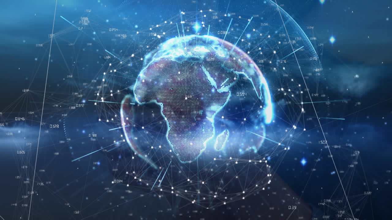 animazione di connessioni e globo su sfondo navale con silhouette umana