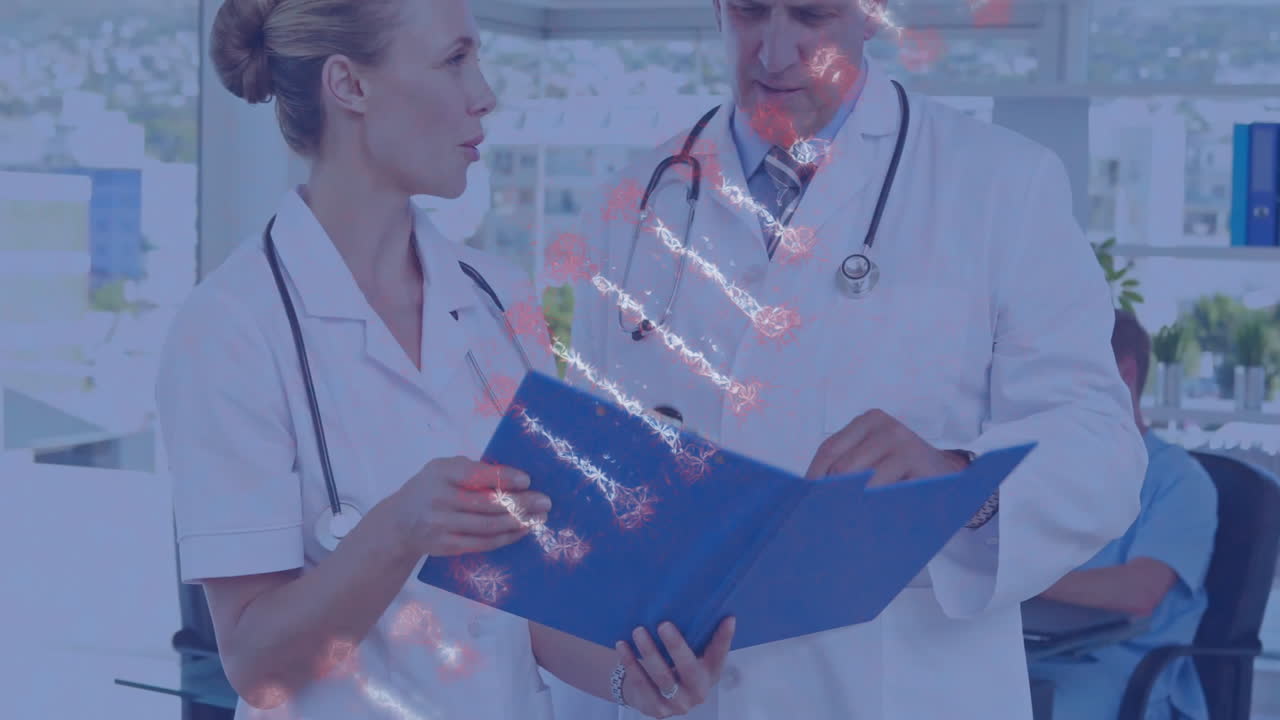 Two doctors reviewing blue patient folder in bright medical office, showing digital DNA overlay