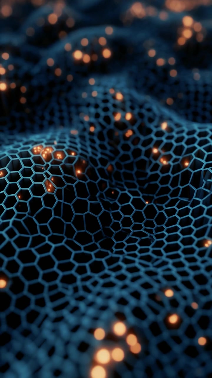 Abstrakte 3D-Animation von leuchtenden orangefarbenen Knoten auf einem dunklen Hexagonalgitter