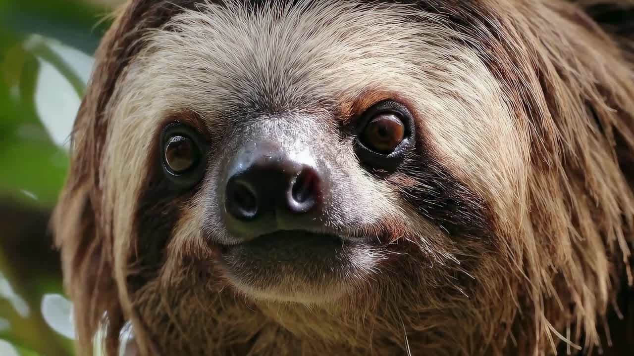 Close-up video of a sloth's face, captured from a low angle, showcasing its curious expression