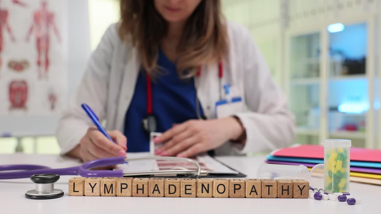 Medico al Lavoro alla Scrivania con Blocchi della Parola Linfadenopatia