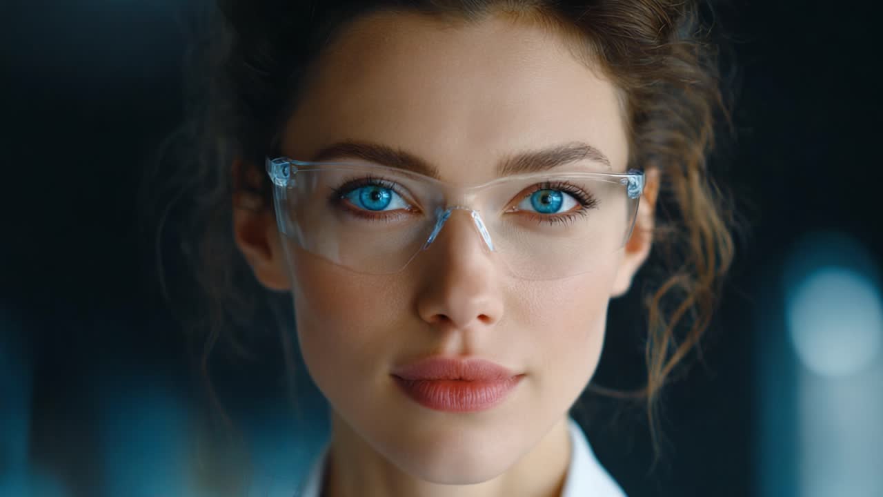 A Close-Up on an Engaging Young Scientist, Wearing Safety Glasses, Capturing the Essence of Passionate Research and Innovation in a Modern Laboratory Setting