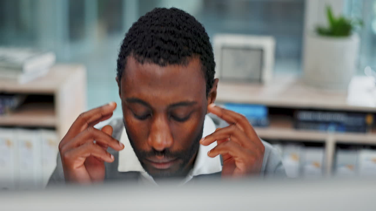 Stress, headache and black man in office
