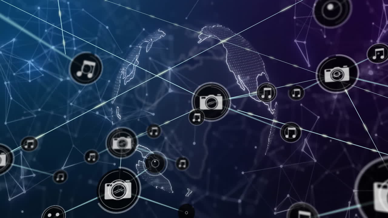 Digital designer exploring virtual technology network, connecting glowing camera and music icons