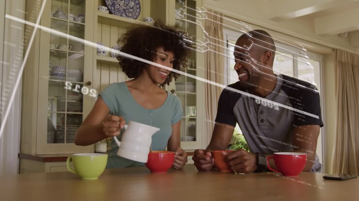 Animation of lines, changing numbers, circuit board pattern, african american couple drinking tea
