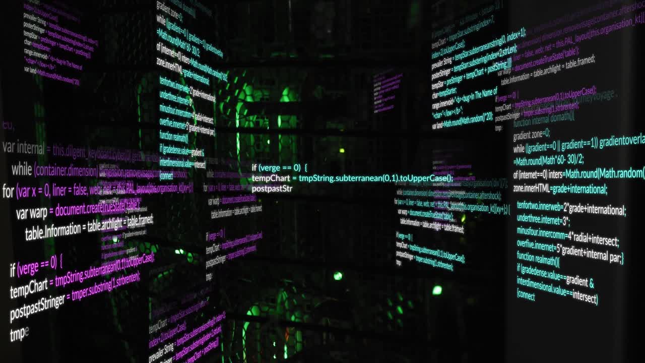 animation d'un langage informatique multicolore sur un rack de serveur éclairé dans une salle de serveur.