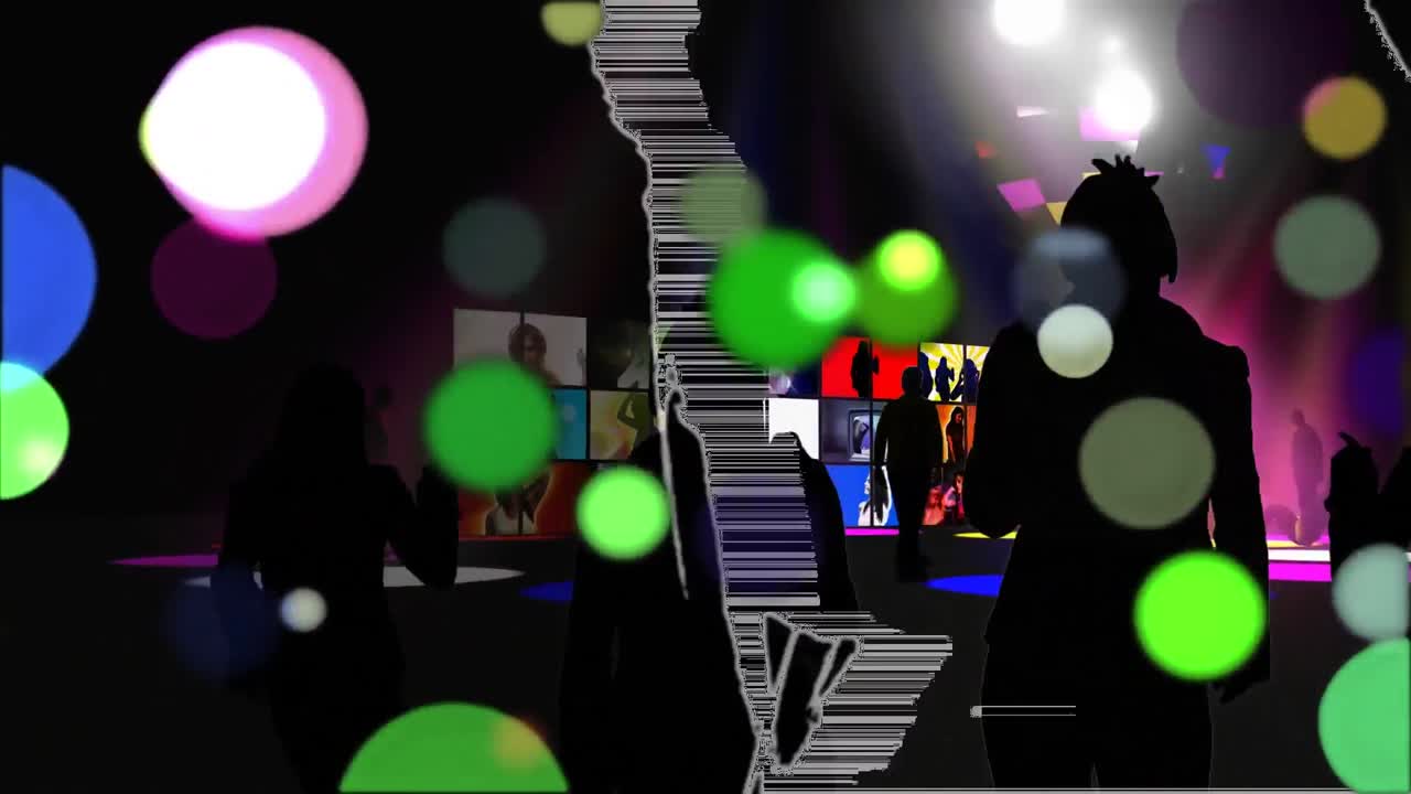 춤추는 사람 들 과 스크린 들 이 있는 색색 빛 의 움직이는 반점 들