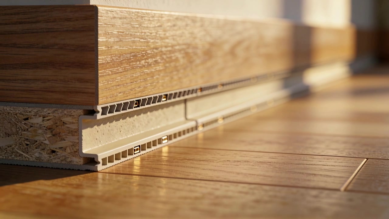 Panning camera revealing veneer skirting profile in room, showing composite core joint alignment