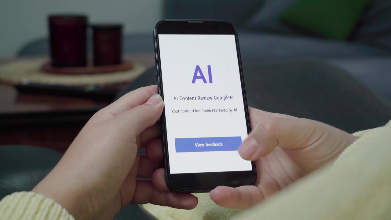 L'utente legge una notifica di completamento della revisione di contenuti AI su un'interfaccia bianca e pulita e passa il mouse sopra il pulsante blu "Visualizza feedback".
