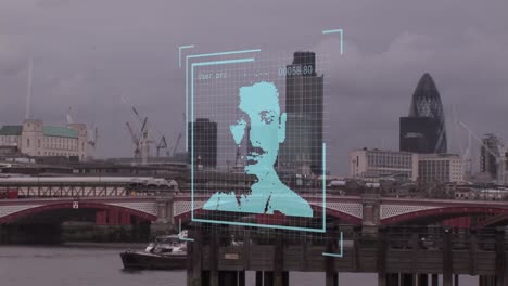 Animation-of-biometric-photo-and-data-processing-over-london-cityscape