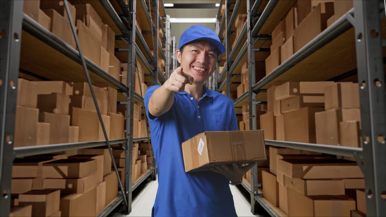 mensajero masculino asiático en uniforme azul sonriendo y haciendo un gesto honesto mientras entrega un cartón en el almacén