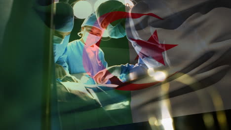 animation of flag of algeria waving over surgeons in operating theatre