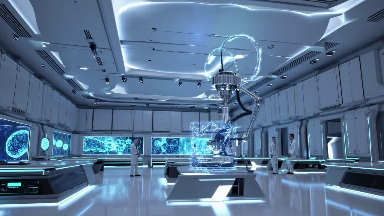 Futuristic lab with holographic tech, captured from a wide-angle view