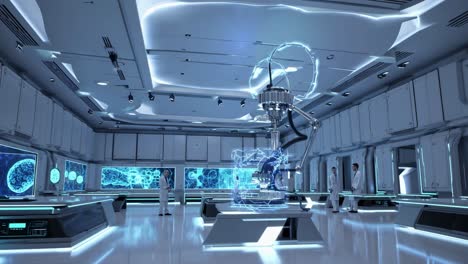futuristic lab with holographic tech, captured from a wide-angle view