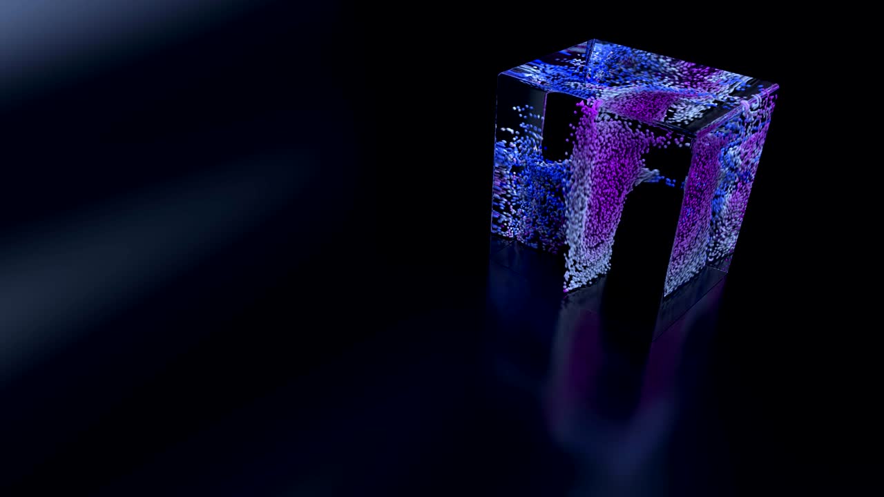 las partículas giran alrededor dentro de un cubo de vidrio.