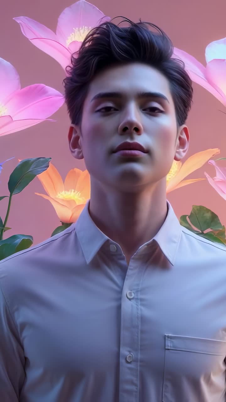 Vertical video: Opening eyes Asian model in studio, camera zooming among pink yellow flower props