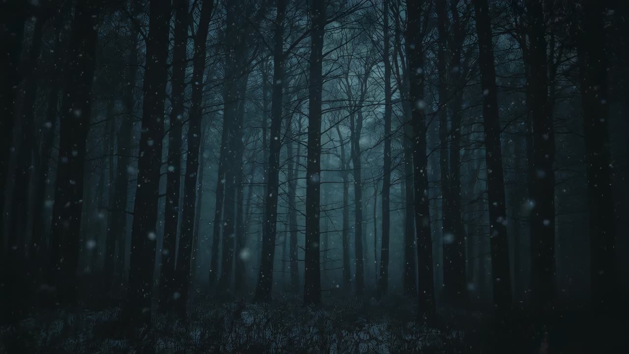 L'inizio della neve rivela una fila di alti tronchi di conifere di notte, la nebbia si infittisce e intensifica l'atmosfera