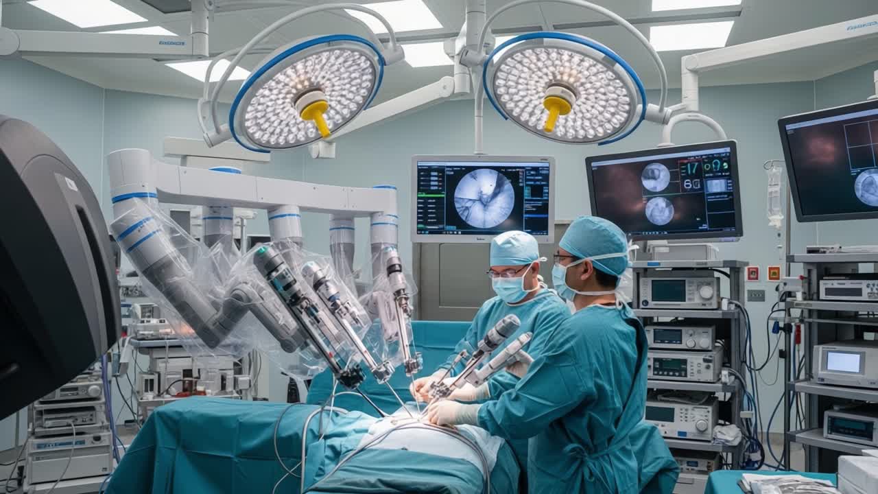 Precision Robotic Surgery in an Operating Room: Surgeons Utilize Advanced Technology to Perform a Complex Procedure with State-of-the-Art Equipment and Surgical Robotics