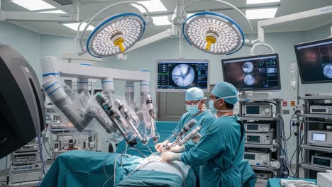 precision robotic surgery in an operating room: surgeons utilize advanced technology to perform a complex procedure with state-of-the-art equipment and surgical robotics