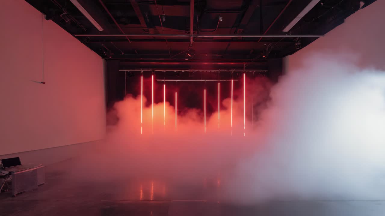 Art installation with red lights and fog