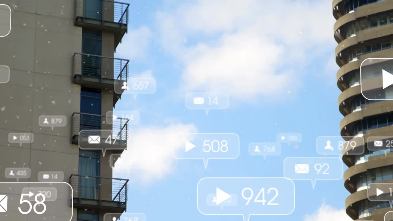 도시 풍경 위에 떨어지는 소셜 미디어 아이콘의 애니메이션