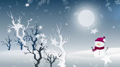 Animation-of-winter-scenery-with-happy-snowman-and-snow-falling-over-tree-on-blue-background