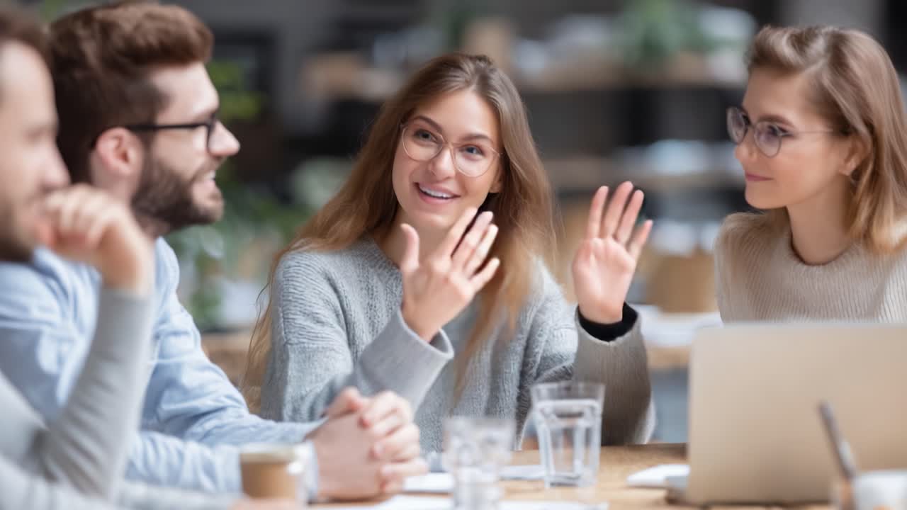 A Collaborative Meeting Among Friends: Engaging Conversations and Laughter at a Table Surrounded by Light and Inspiration