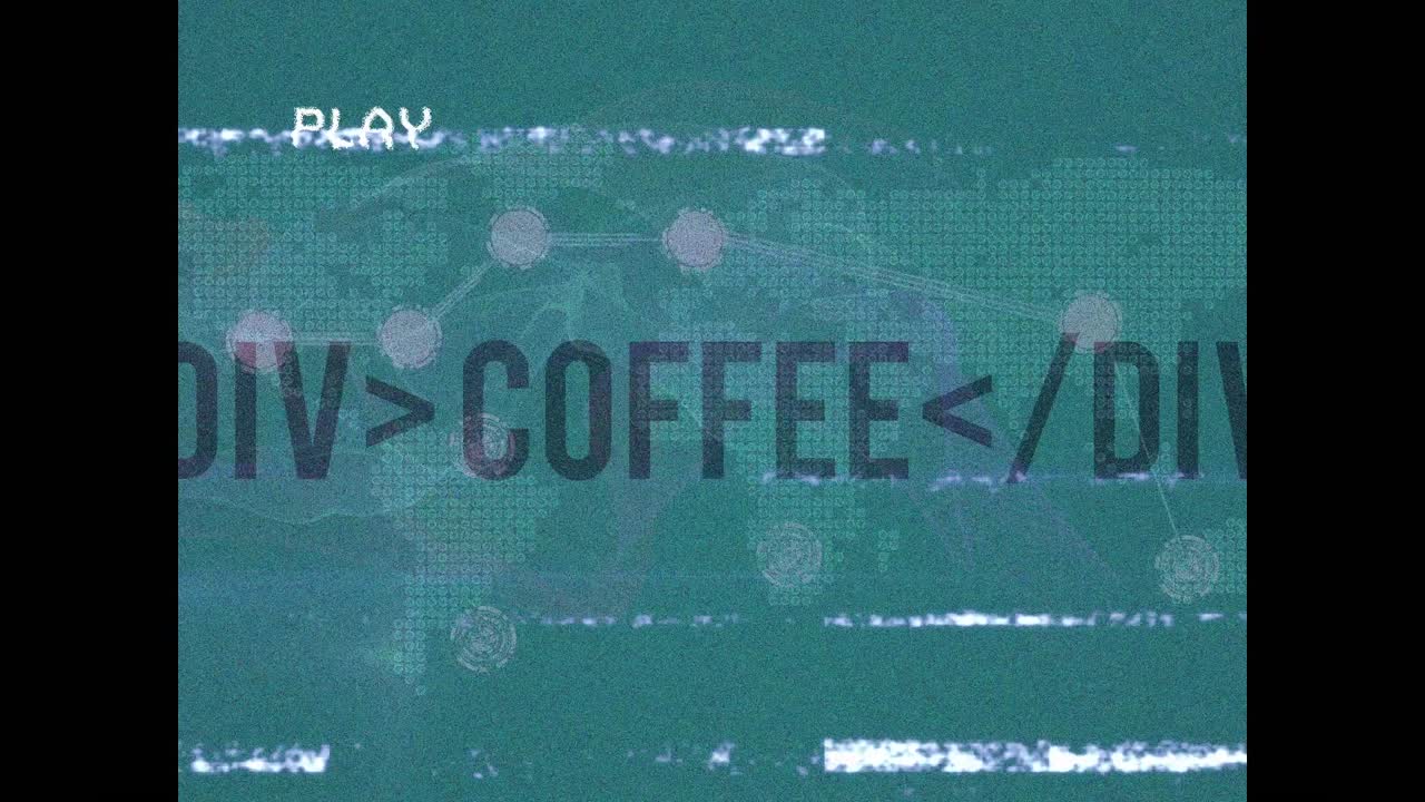 Animazione di un'interfaccia di riproduzione con interferenze, testo "caffè", mappa del mondo e rete, su sfondo verde
